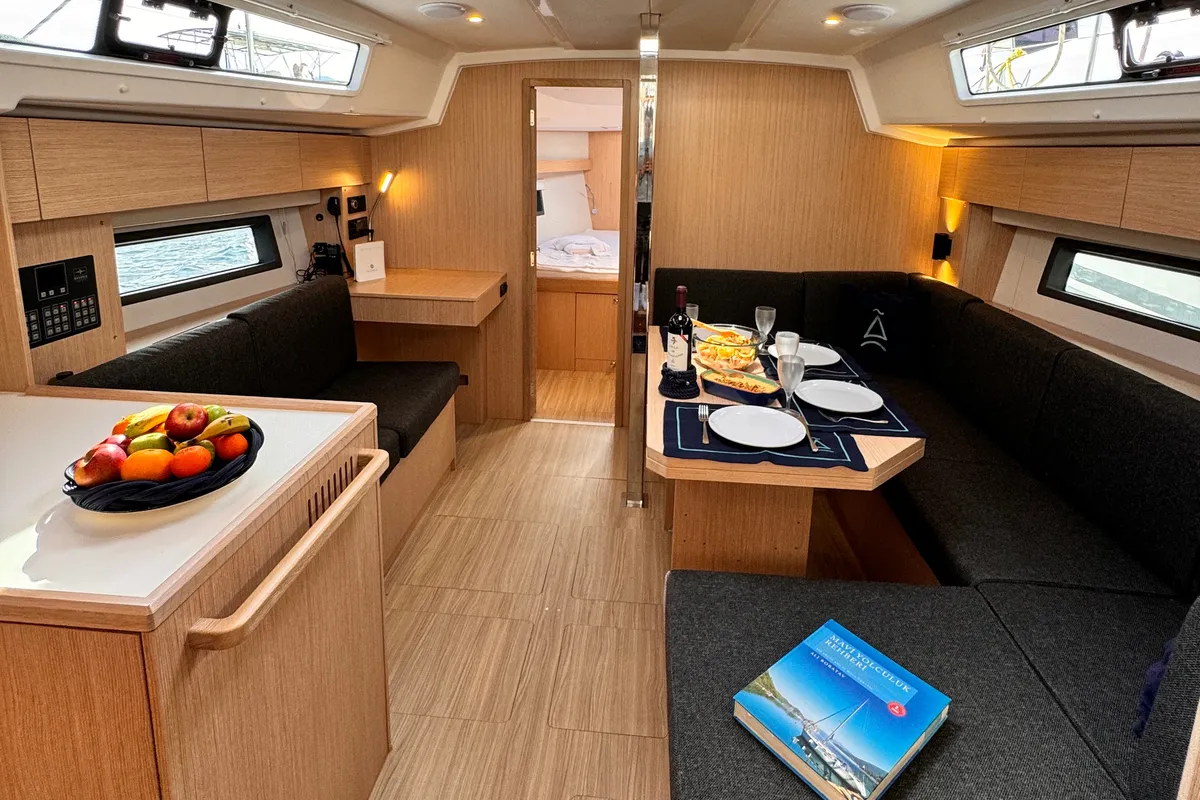 Salon of Sorores, a Bavaria C42 sailboat at Marmaris, Turkey