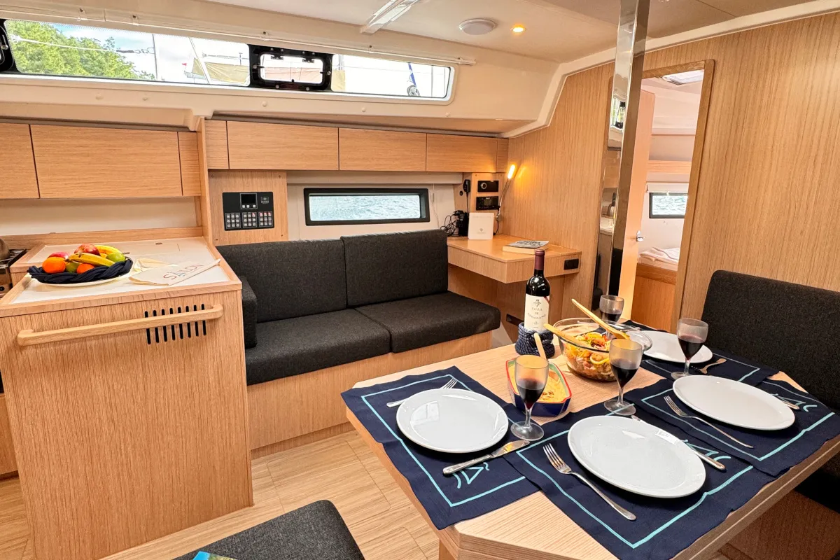 Salon of Sorores, a Bavaria C42 sailboat at Marmaris, Turkey