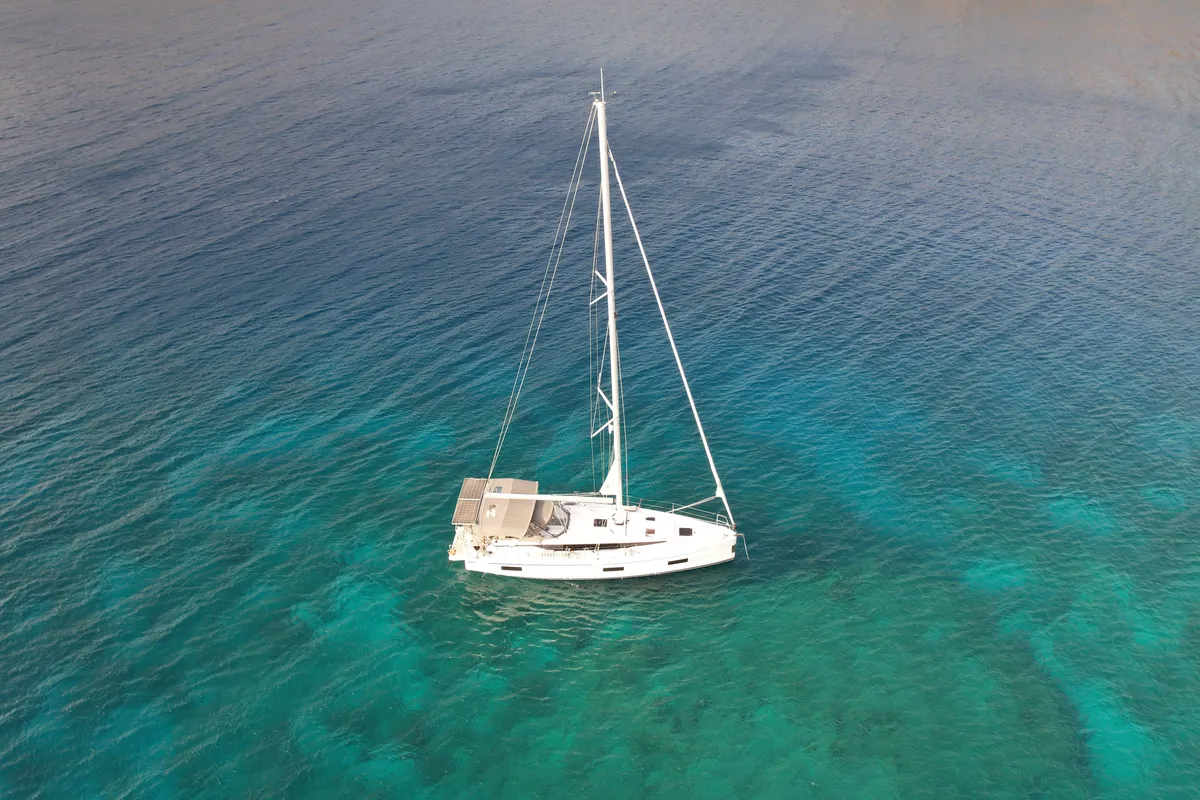 Exterior view of Sorores, a Bavaria C42 sailboat at Marmaris, Turkey