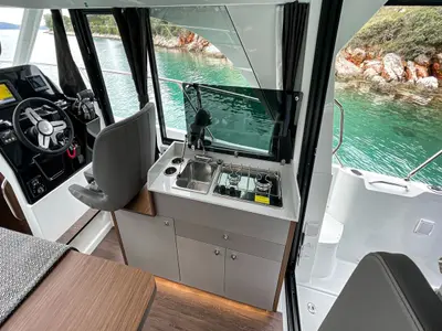 Galley of ARYA, a Beneteau Antares 9 OB motorboat at Split, Croatia