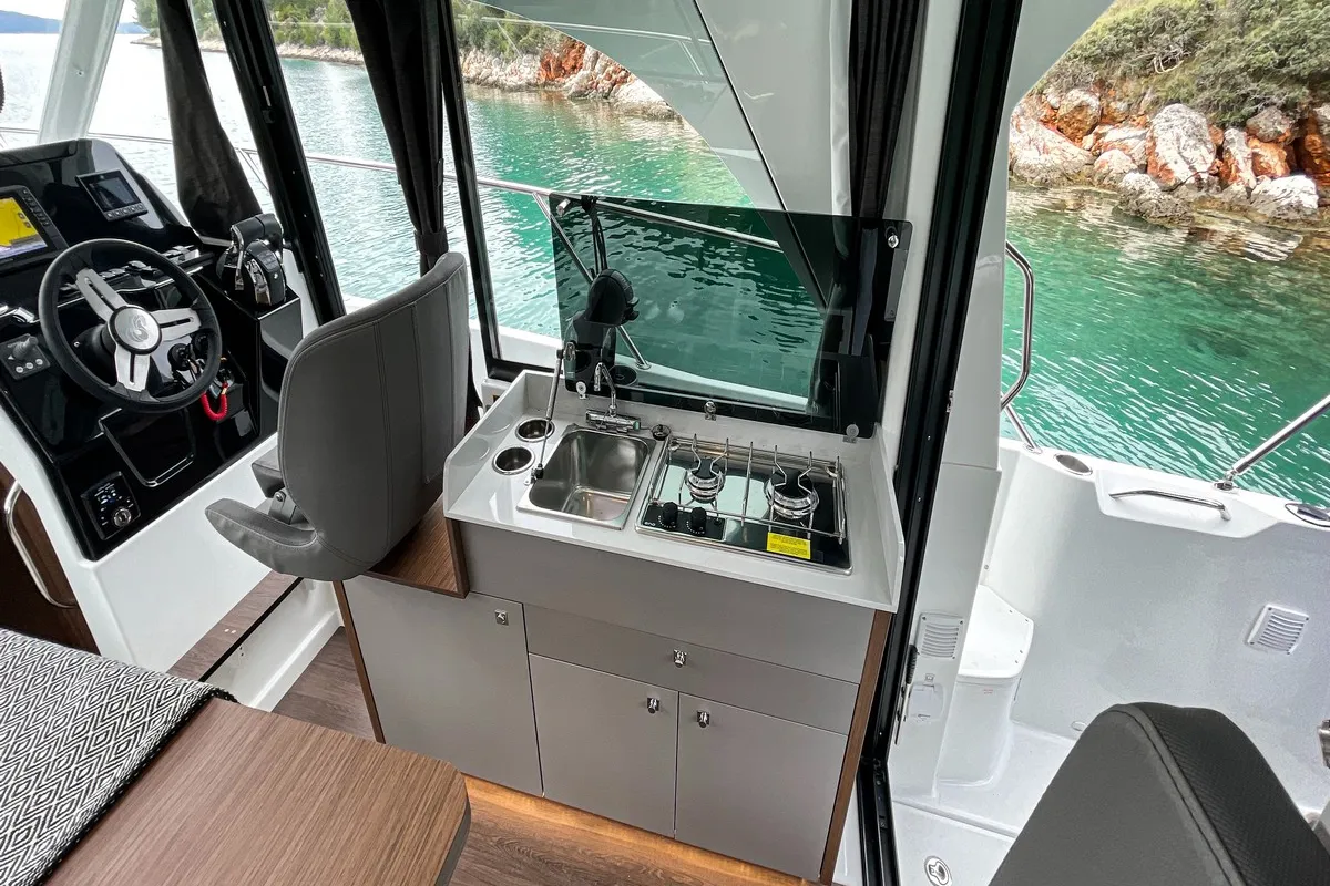 Galley of ARYA, a Beneteau Antares 9 OB motorboat at Split, Croatia