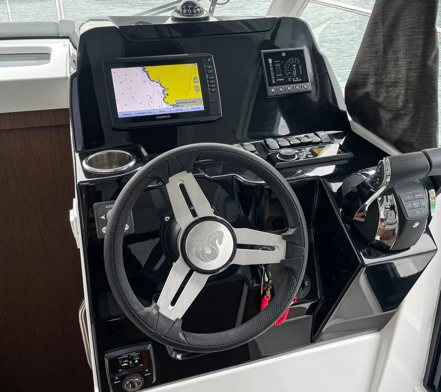 Cockpit of ARYA, a Beneteau Antares 9 OB motorboat at Split, Croatia