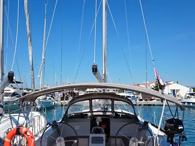 Deck of MH 50, a Bavaria Cruiser 46 sailboat at Murter, Croatia