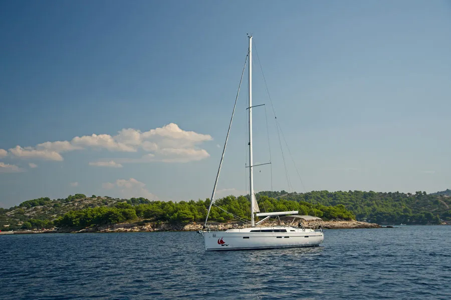 Exterior view of MH 50, a Bavaria Cruiser 46 sailboat at Murter, Croatia