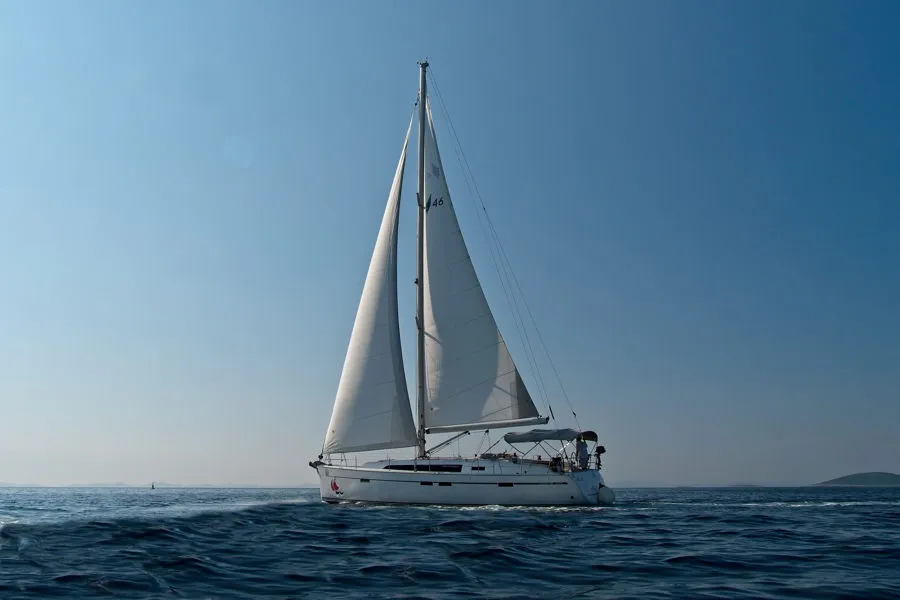 Exterior view of MH 50, a Bavaria Cruiser 46 sailboat at Murter, Croatia