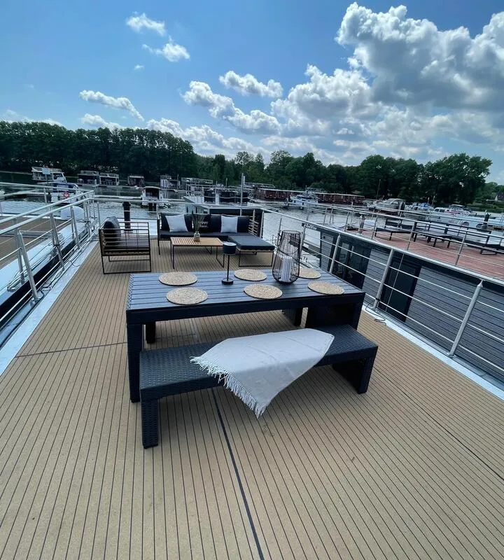 Deck of Enjoy, a Woma D13* motorboat at Fürstenberg/Havel, Germany