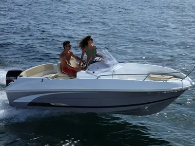 Exterior view of Beba, a Beneteau 550 Flyer motorboat at Zadar, Croatia