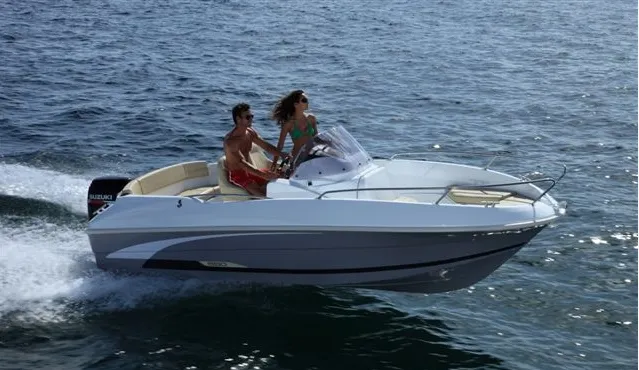 Exterior view of Beba, a Beneteau 550 Flyer motorboat at Zadar, Croatia