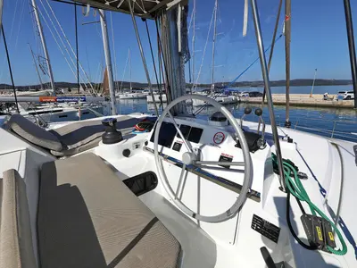 Cockpit of Altair, a Bali 4.2 catamaran at Grad Biograd na Moru, Croatia