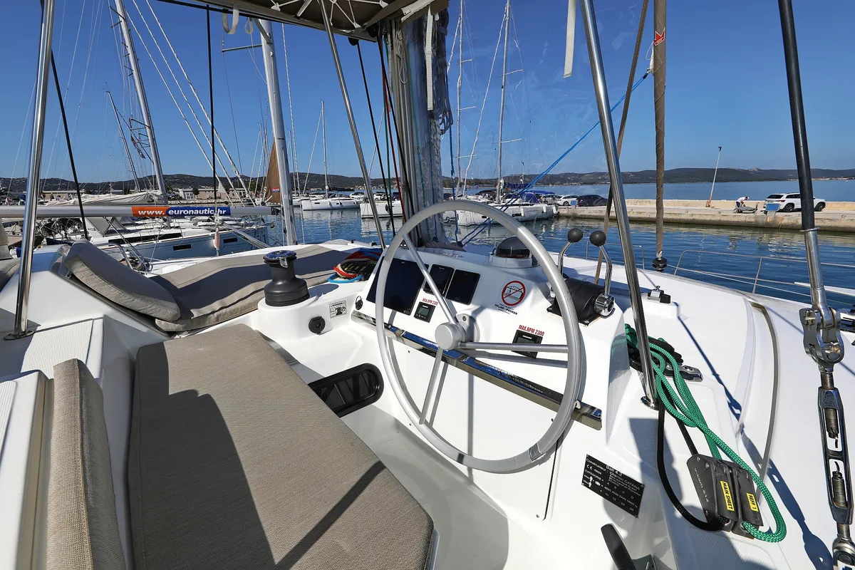 Cockpit of Altair, a Bali 4.2 catamaran at Grad Biograd na Moru, Croatia