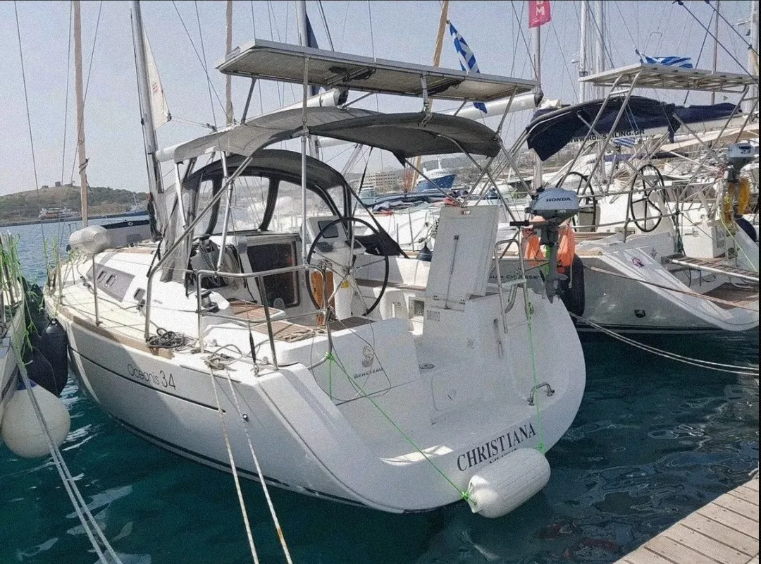 Exterior view of Christiana, a Beneteau Oceanis 34 sailboat at Municipal Unit of Nea Peramos, Greece
