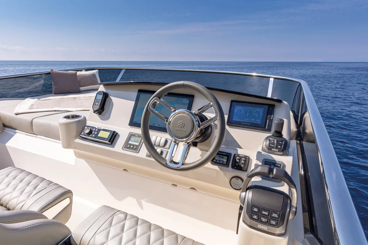 Cockpit of Riaz Tahia, a Absolute 47 Fly motorboat at Primošten, Croatia