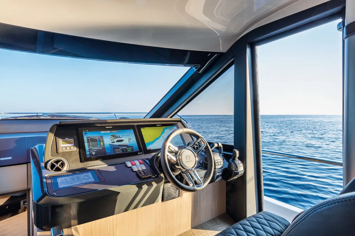 Cockpit of Riaz Tahia, a Absolute 47 Fly motorboat at Primošten, Croatia