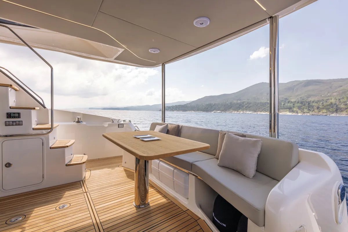Deck of Riaz Tahia, a Absolute 47 Fly motorboat at Primošten, Croatia