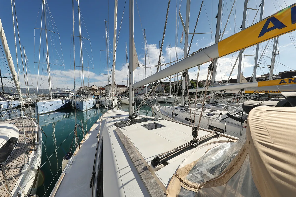 Deck of Delta, a Dufour 412 GL sailboat at Grad Biograd na Moru, Croatia