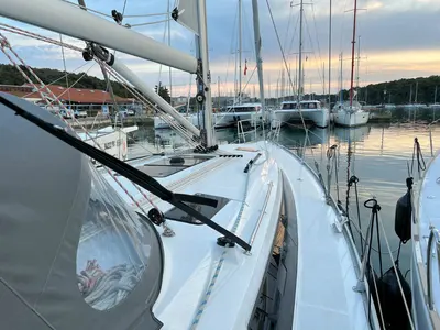 Deck of Panda III, a Bavaria Cruiser 41 sailboat at Grad Pula, Croatia
