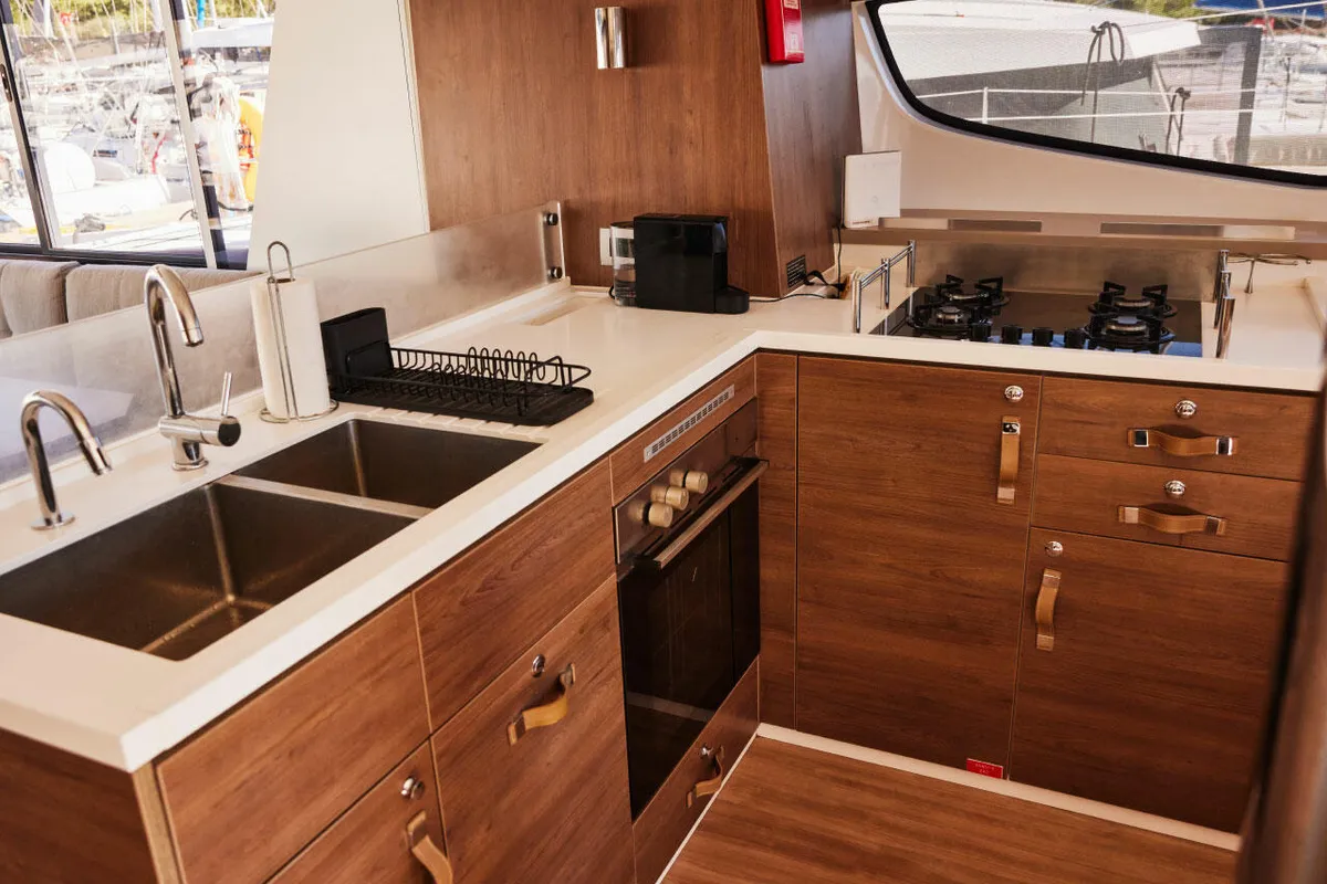 Galley of Ediba Scorpio, a Bali 4.6 catamaran at Marmaris, Turkey