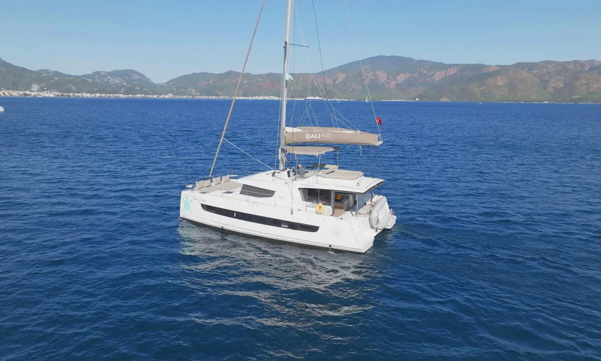 Exterior view of Ediba Scorpio, a Bali 4.6 catamaran at Marmaris, Turkey
