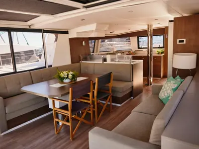 Salon of Ediba Scorpio, a Bali 4.6 catamaran at Marmaris, Turkey
