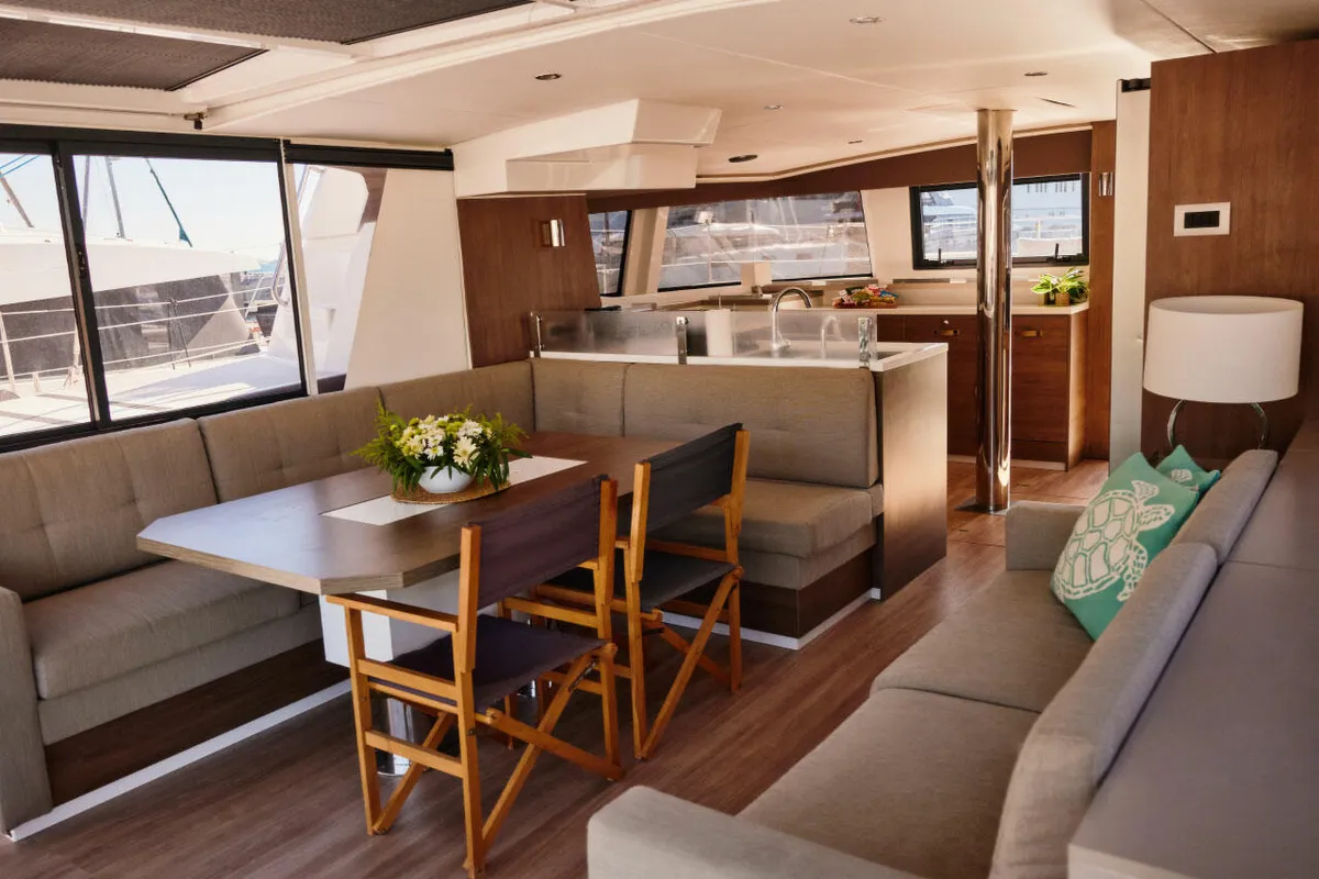 Salon of Ediba Scorpio, a Bali 4.6 catamaran at Marmaris, Turkey
