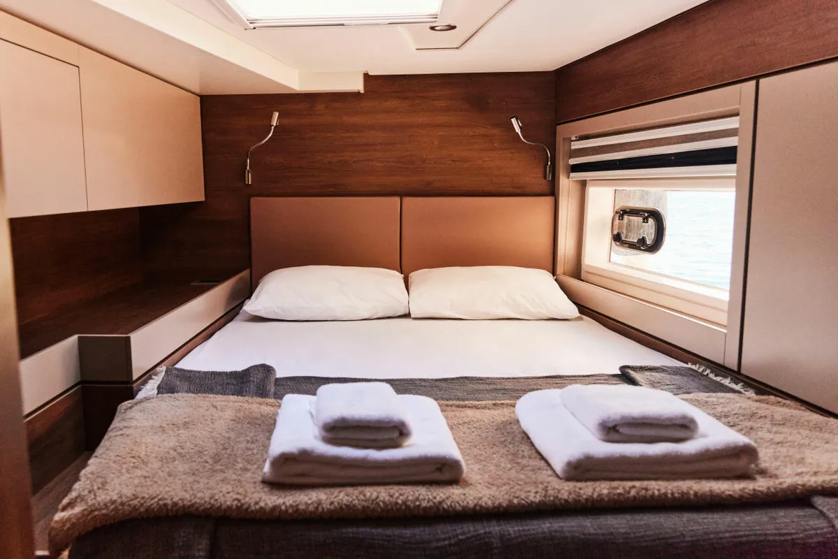 Cabin on Ediba Scorpio, a Bali 4.6 catamaran at Marmaris, Turkey