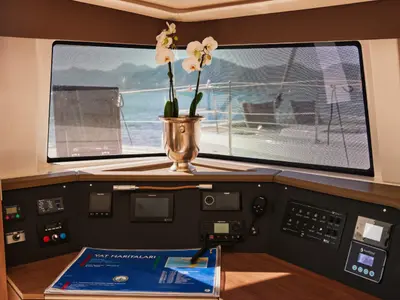 Cockpit of Ediba Scorpio, a Bali 4.6 catamaran at Marmaris, Turkey