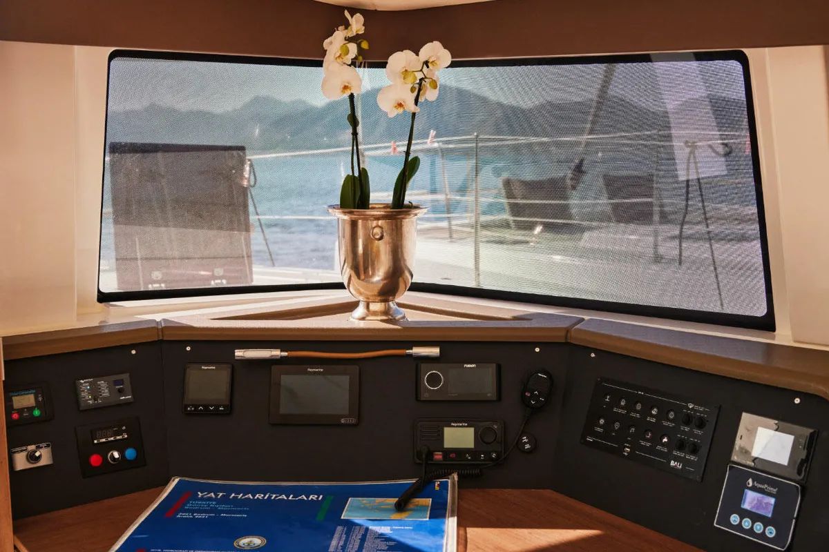 Cockpit of Ediba Scorpio, a Bali 4.6 catamaran at Marmaris, Turkey