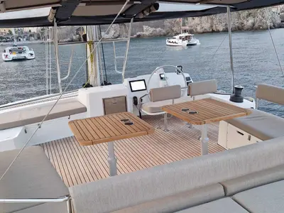 Deck of Blue Ocean, a Bali 5.4 catamaran at Marigot, France