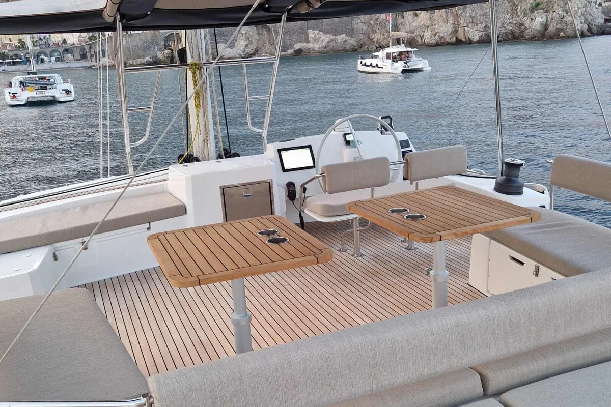 Deck of Blue Ocean, a Bali 5.4 catamaran at Marigot, France