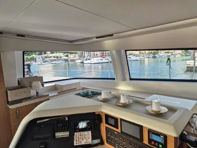 Cockpit of Blue Ocean, a Bali 5.4 catamaran at Marigot, France