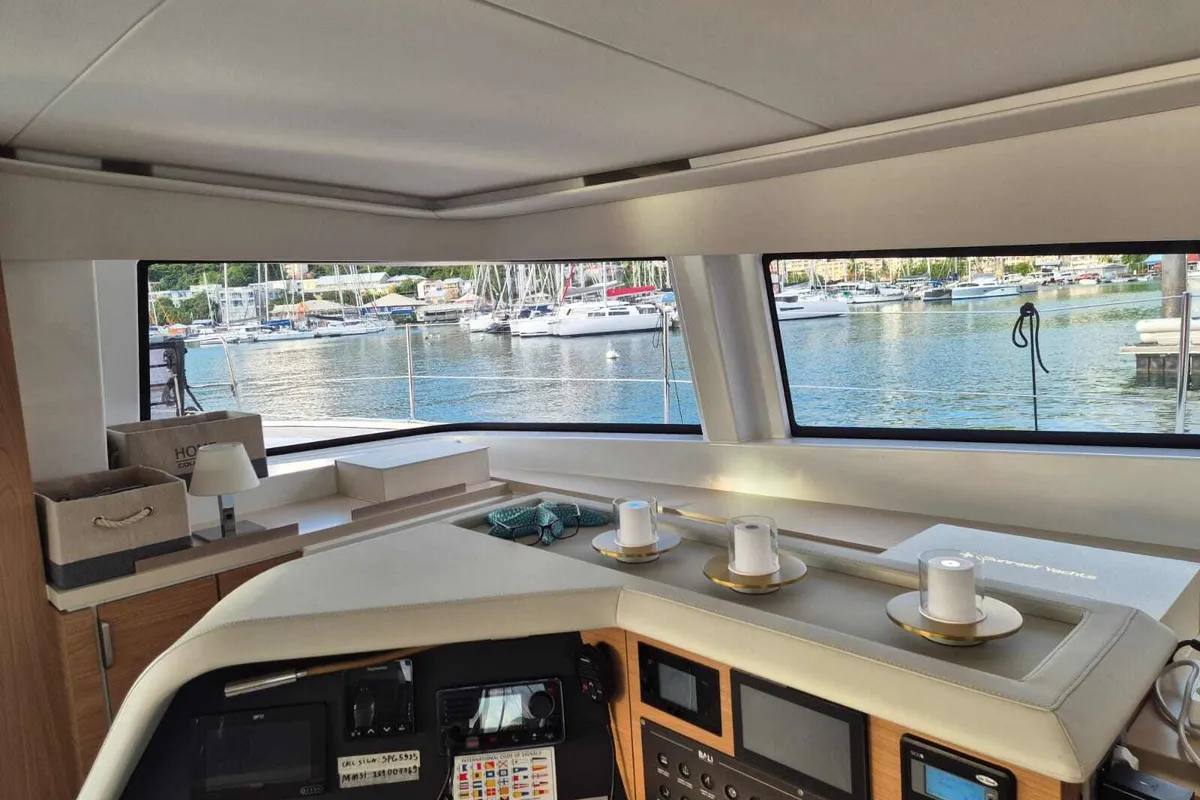 Cockpit of Blue Ocean, a Bali 5.4 catamaran at Marigot, France