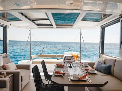 Salon of MAVIH, a Bali 4.2 catamaran at Paraty, Brazil