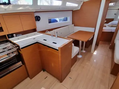 Galley of Bella Mia, a Jeanneau Sun Odyssey 380 sailboat at Figari/Golfo Aranci, Italy