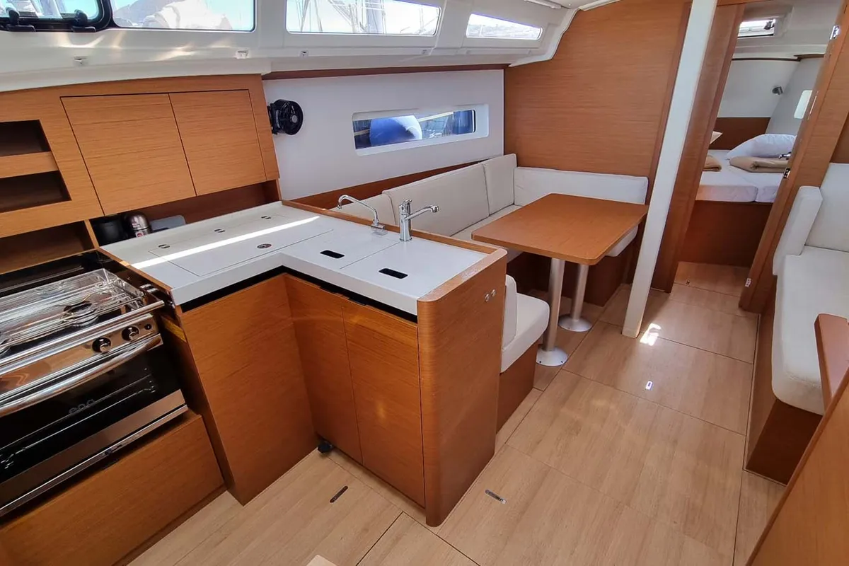 Galley of Bella Mia, a Jeanneau Sun Odyssey 380 sailboat at Figari/Golfo Aranci, Italy