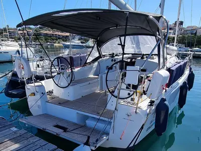 Cockpit of Bella Mia, a Jeanneau Sun Odyssey 380 sailboat at Figari/Golfo Aranci, Italy