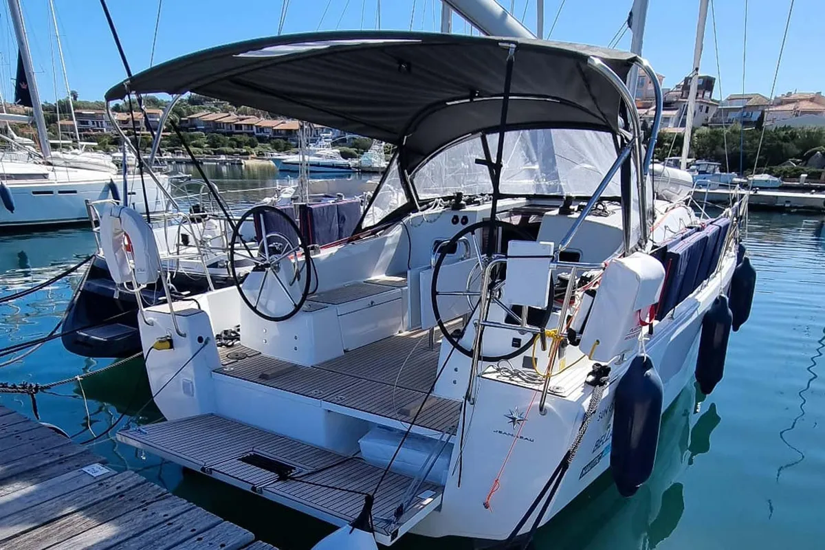 Cockpit of Bella Mia, a Jeanneau Sun Odyssey 380 sailboat at Figari/Golfo Aranci, Italy