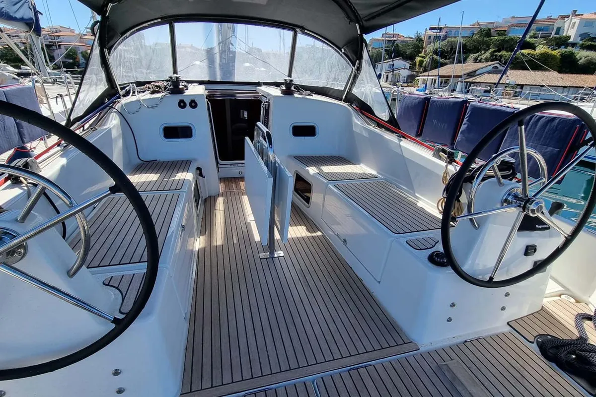 Cockpit of Bella Mia, a Jeanneau Sun Odyssey 380 sailboat at Figari/Golfo Aranci, Italy