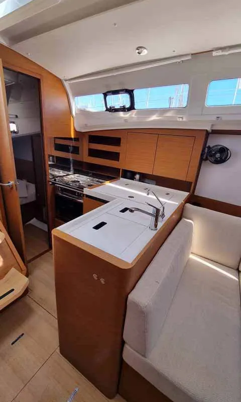 Galley of Bella Mia, a Jeanneau Sun Odyssey 380 sailboat at Figari/Golfo Aranci, Italy