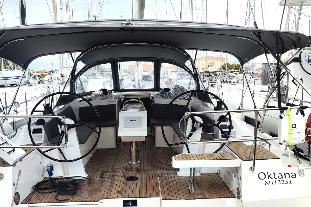 Cockpit of Oktana (Pax 8), a Bavaria C42 sailboat at Municipal Unit of Lefkada, Greece