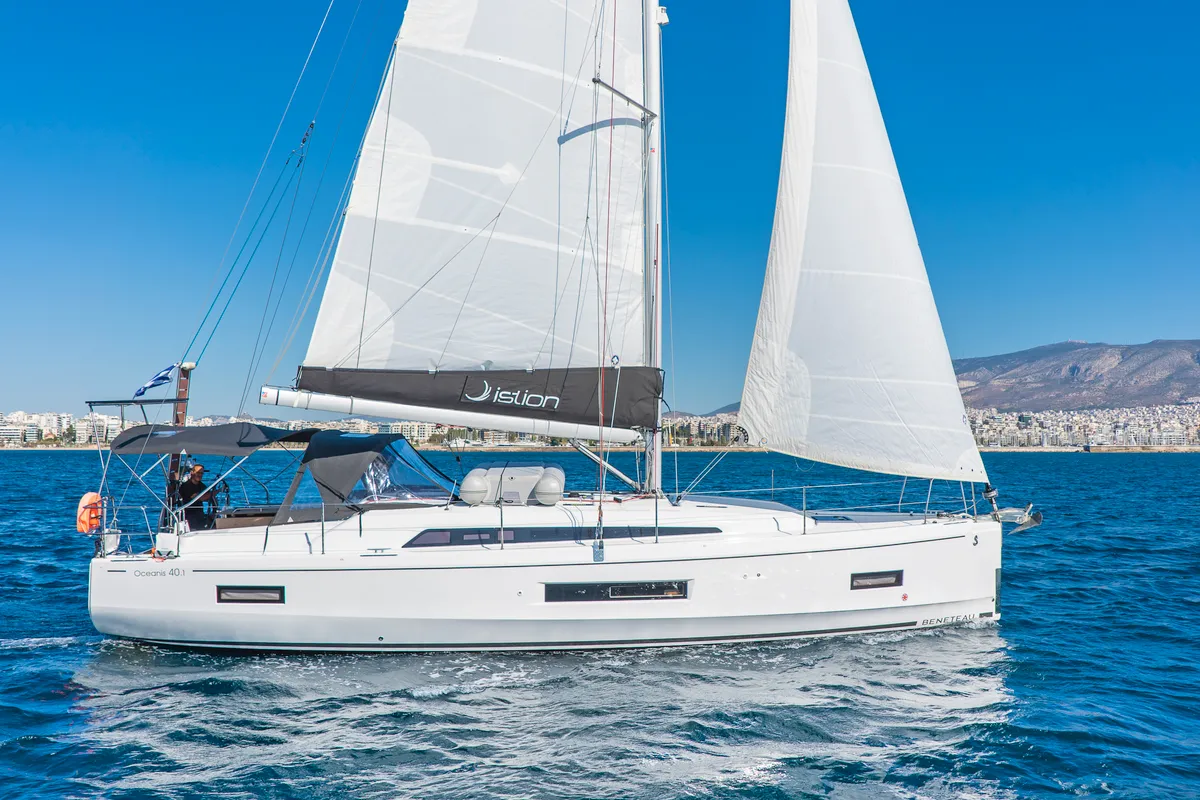 Exterior view of Ariadne, a Beneteau Oceanis 40.1 sailboat at Municipal Unit of Lefkada, Greece