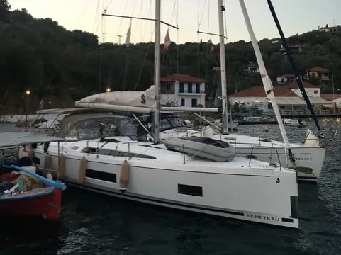 Exterior view of Filira, a Beneteau Oceanis 46.1 sailboat at Palairos, Greece