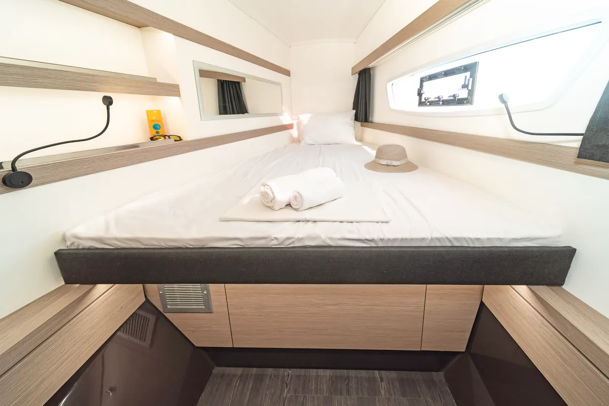 Cabin on Fortuna, a Fountaine Pajot Lucia 40 catamaran at Municipal Unit of Rhodes, Greece