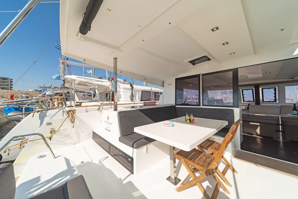 Deck of Fortuna, a Fountaine Pajot Lucia 40 catamaran at Municipal Unit of Rhodes, Greece