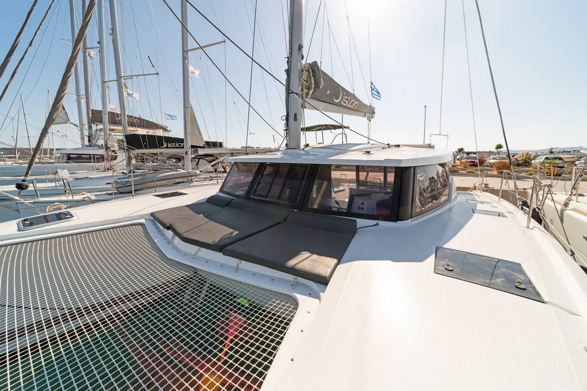Deck of Fortuna, a Fountaine Pajot Lucia 40 catamaran at Municipal Unit of Rhodes, Greece
