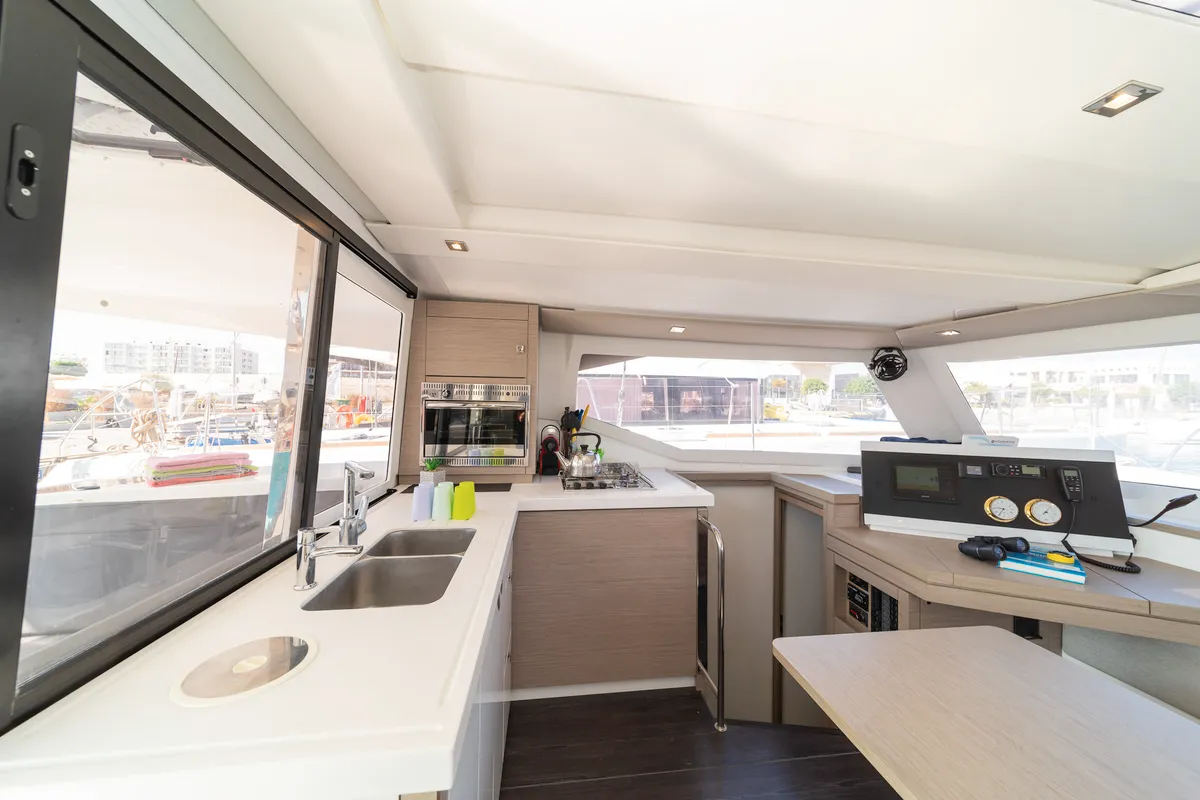 Galley of Fortuna, a Fountaine Pajot Lucia 40 catamaran at Municipal Unit of Rhodes, Greece