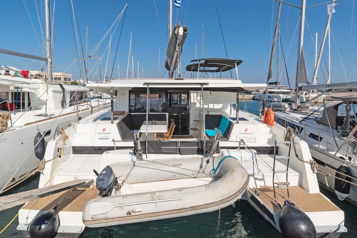 Exterior view of Fortuna, a Fountaine Pajot Lucia 40 catamaran at Municipal Unit of Rhodes, Greece