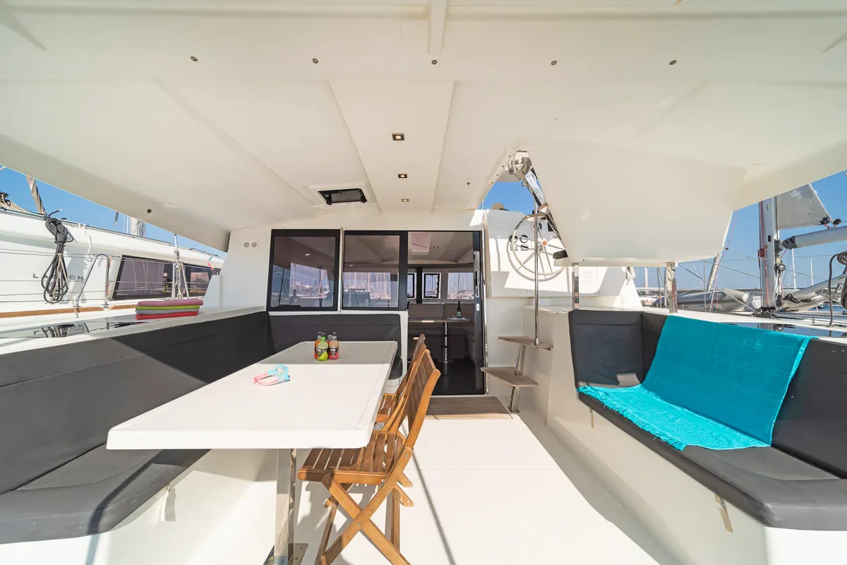 Deck of Fortuna, a Fountaine Pajot Lucia 40 catamaran at Municipal Unit of Rhodes, Greece