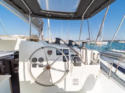 Cockpit of Fortuna, a Fountaine Pajot Lucia 40 catamaran at Municipal Unit of Rhodes, Greece