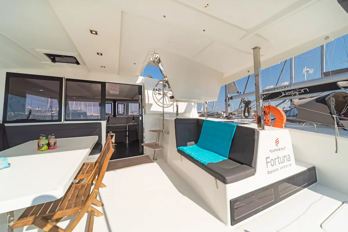 Deck of Fortuna, a Fountaine Pajot Lucia 40 catamaran at Municipal Unit of Rhodes, Greece