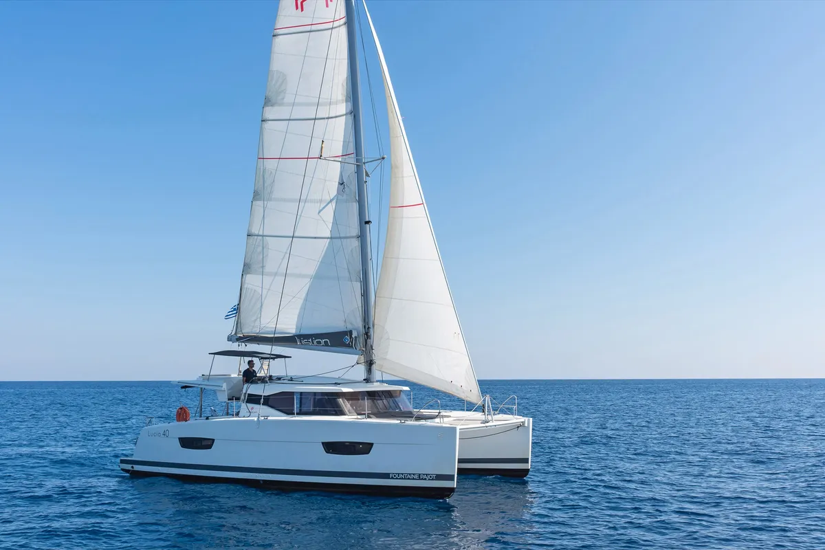 Exterior view of Fortuna, a Fountaine Pajot Lucia 40 catamaran at Municipal Unit of Rhodes, Greece